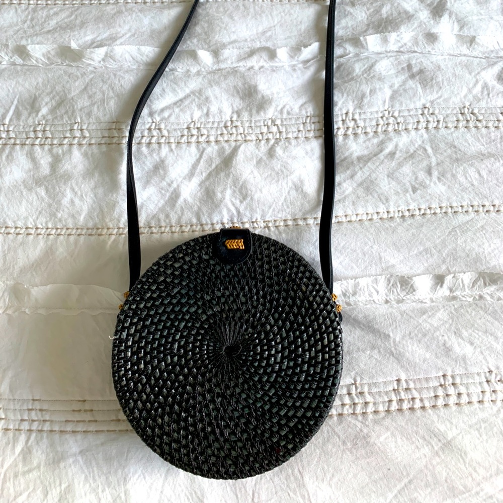 100% Rattan Woven Black Cross Body Bag